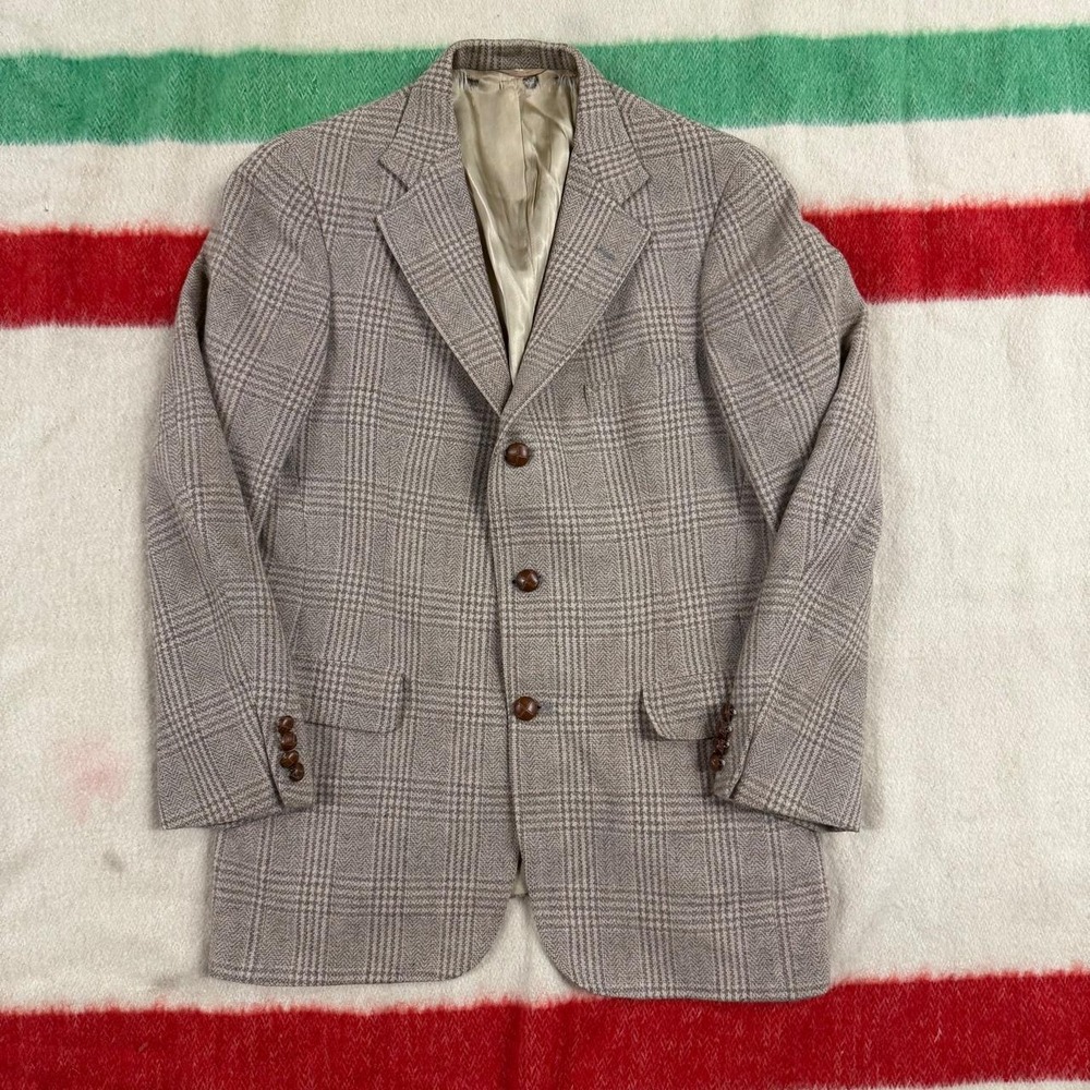 Vintage Chaps Ralph Lauren Glen Plaid Camel Hair Blazer 39 FLAW